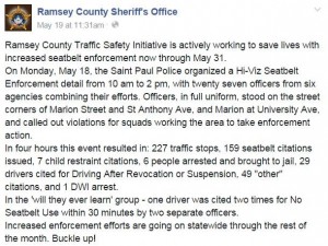 Ramsey County Sheriff's Department bragging about arrest. 