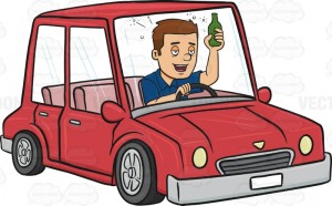 Man in a red car driving drunk and holding a bottle of beer in his hand