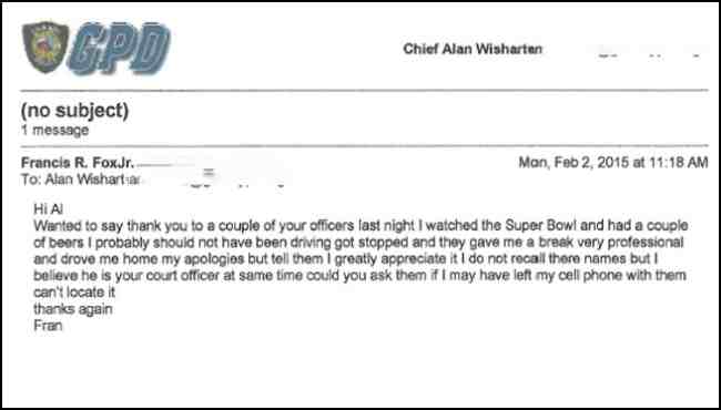 E-mail sent by Belchertown Chief Francis Fox to Granby Police Chief Alan Wishart. Courtesy: Granby Police Department