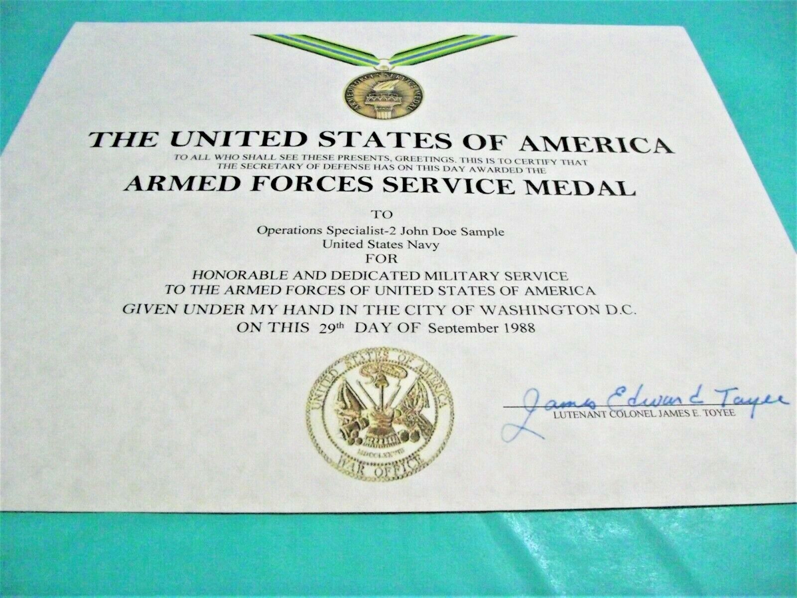 Armed Forces Service Medal Replacement Certificate Army Navy USAF USMC USCG USSF