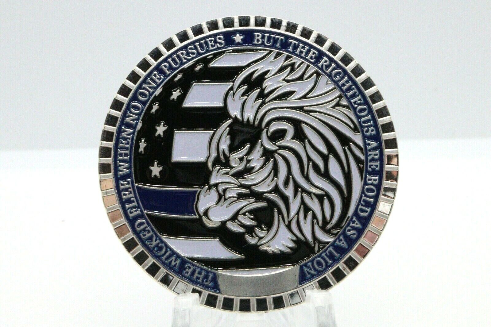 Police challenge coin Proverbs 28:1 Thin blue line  Lion law enforcement