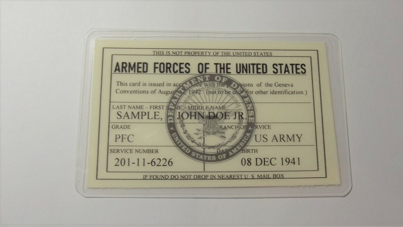 Geneva Convention ID card Replacement U.S. Army, Navy, Air Force, Marines & USCG
