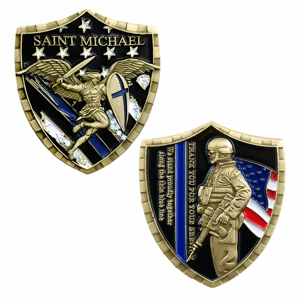 Blue Lives Matter Police Challenge Coin St Michael Saint of LEO Shield Badge
