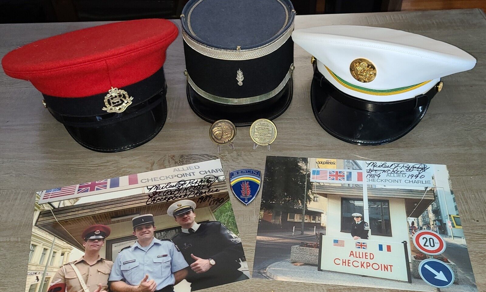 Military Police Hats Checkpoint Charlie, Berlin Brigade coins,  signed photos
