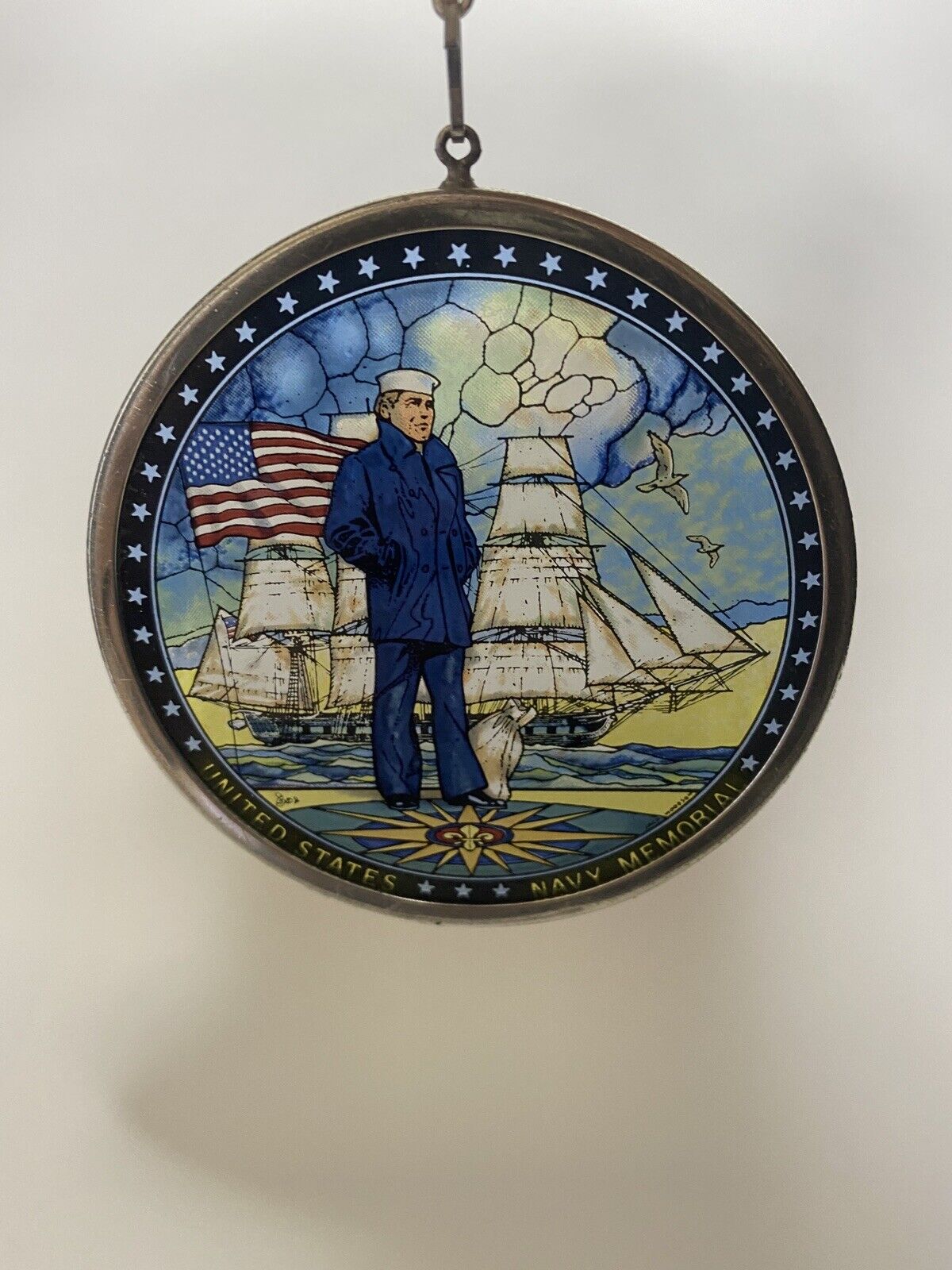 LONE SAILOR Stained Glass Ornament US Navy Memorial 1986 Jack Woodson