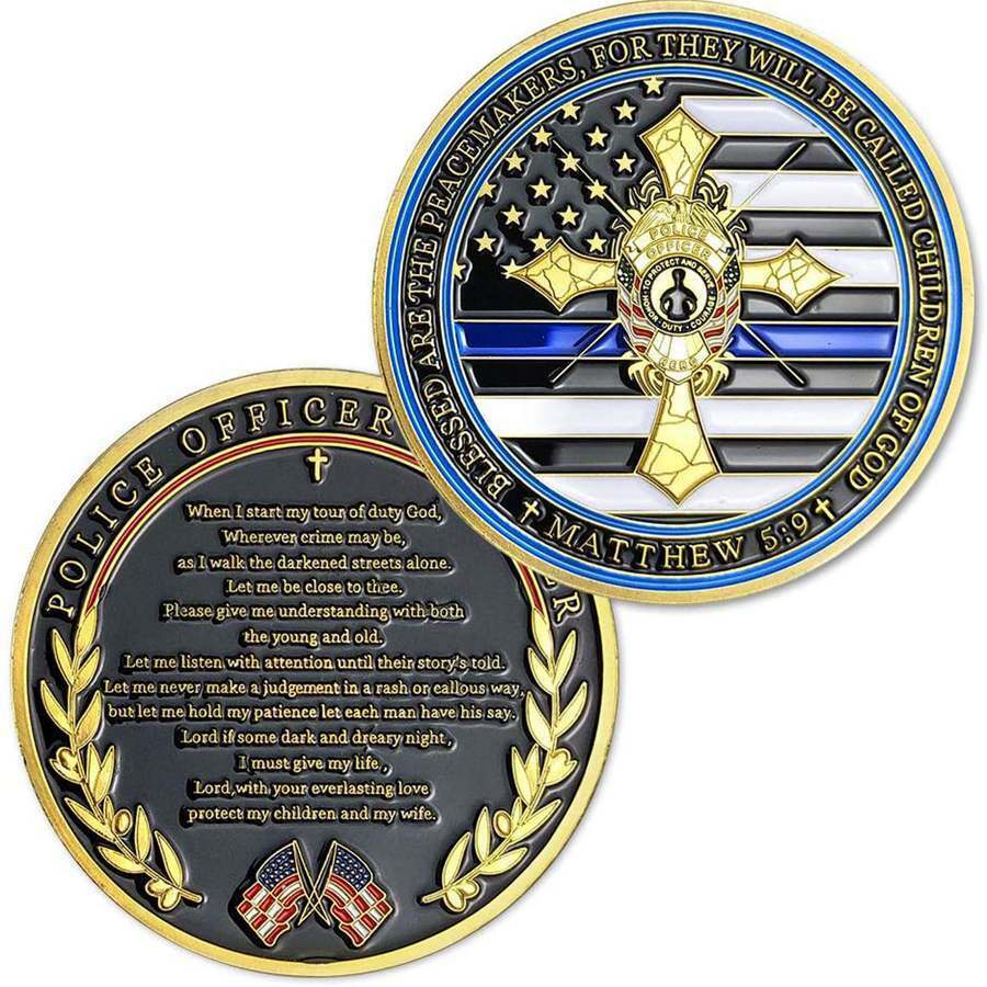 Law Enforcement Challenge Coin A Thin Blue Line Matthew 5:9 Officers Prayer