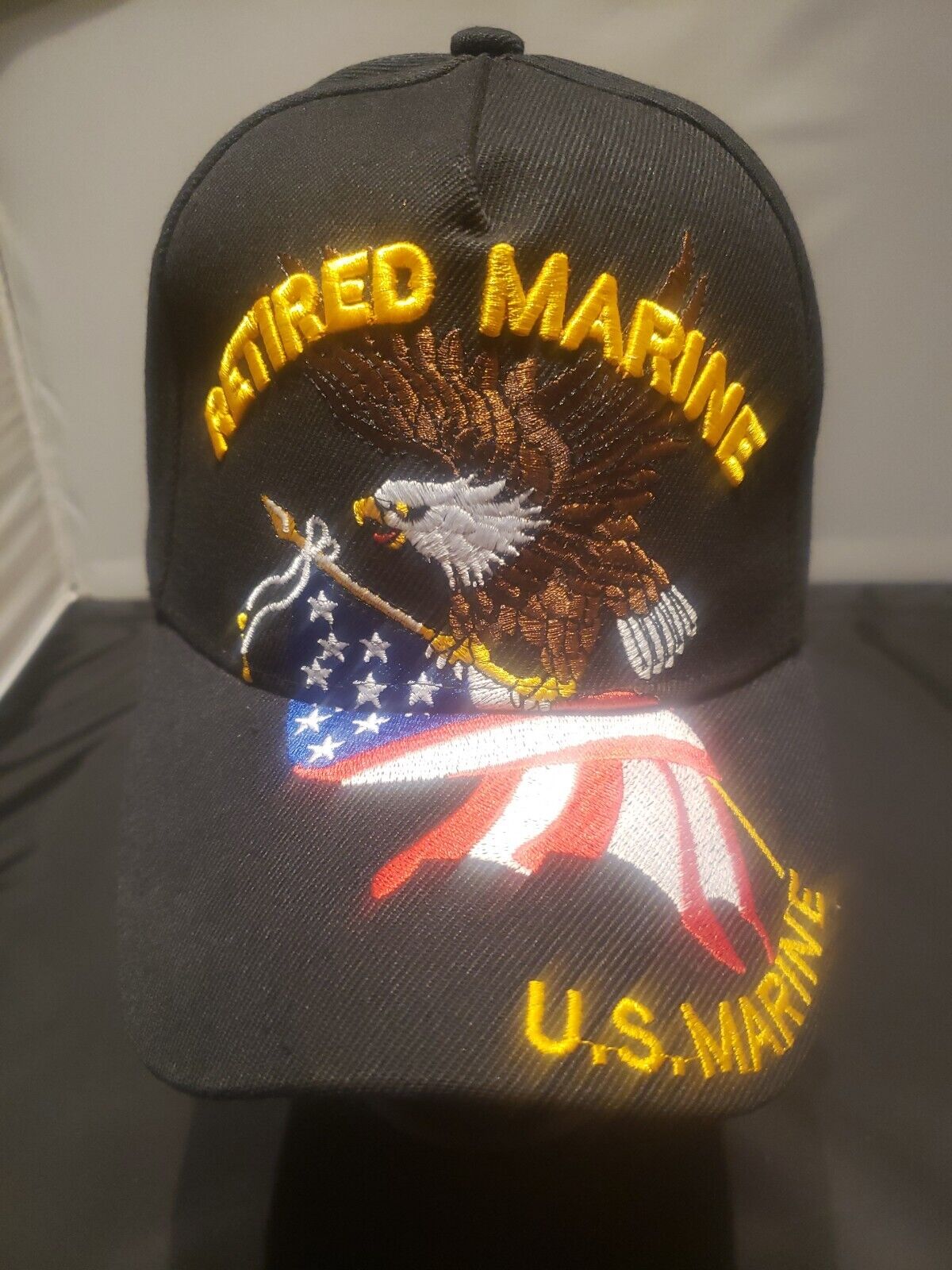 U S  RETIRED MARINES  WITH EAGLE AND FLAG BLACK HAT MILITARY CAP  