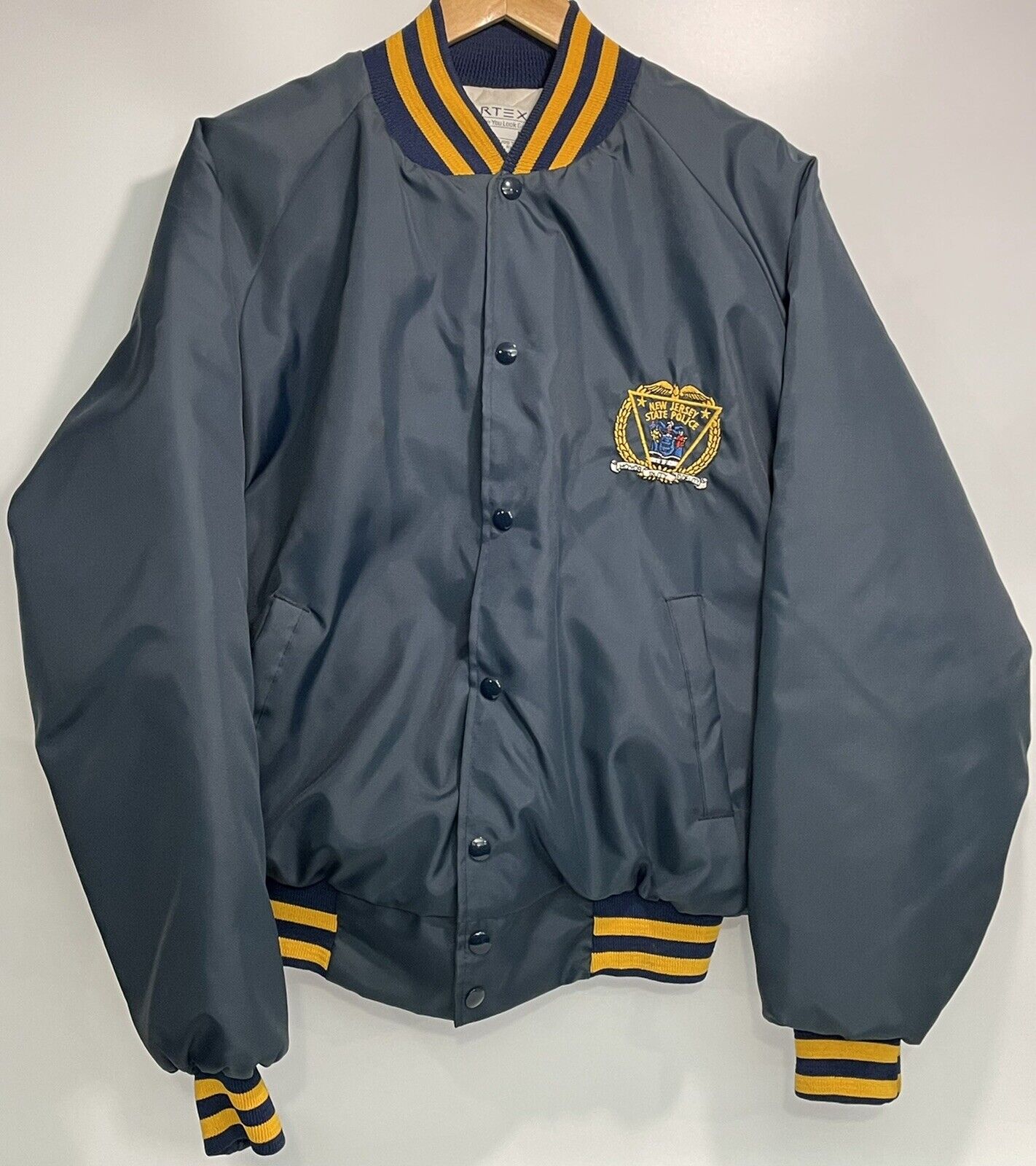 Vintage New Jersey State Police Satin Varsity Jacket Button Up 1980s Blue MEDIUM