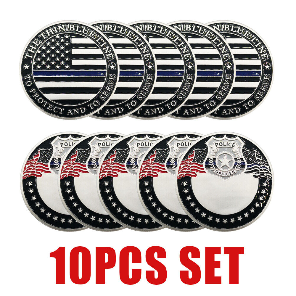 10 Pcs  Police Officers Flag Challenge Coin Law Enforcement Thin Blue Line Coins