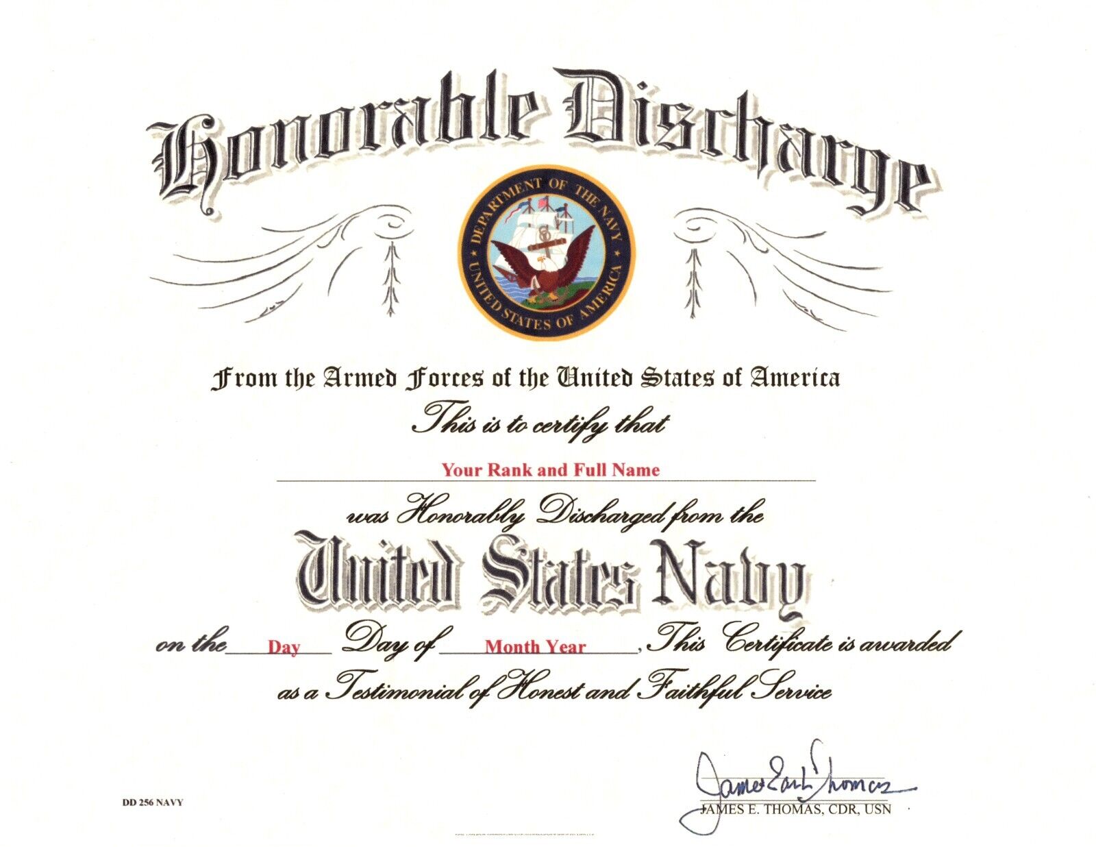 United States Navy Honorable Discharge Replacement Certificate