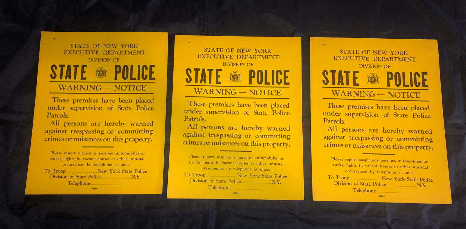 3 VINTAGE New York State Police TROOPER WARNING NOTICE POSTER SIGN UNUSED 14x11