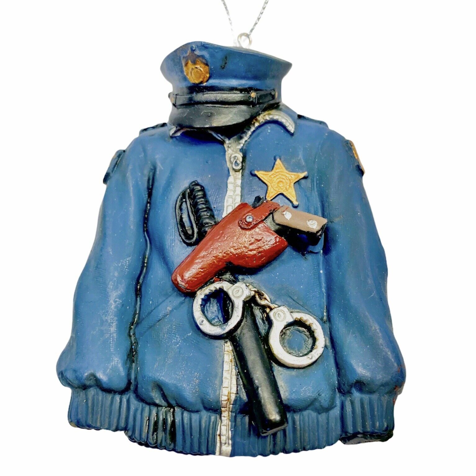 Police Jacket Ornament Blue Resin Accents Badge Hat Baton Gun And Handcuffs