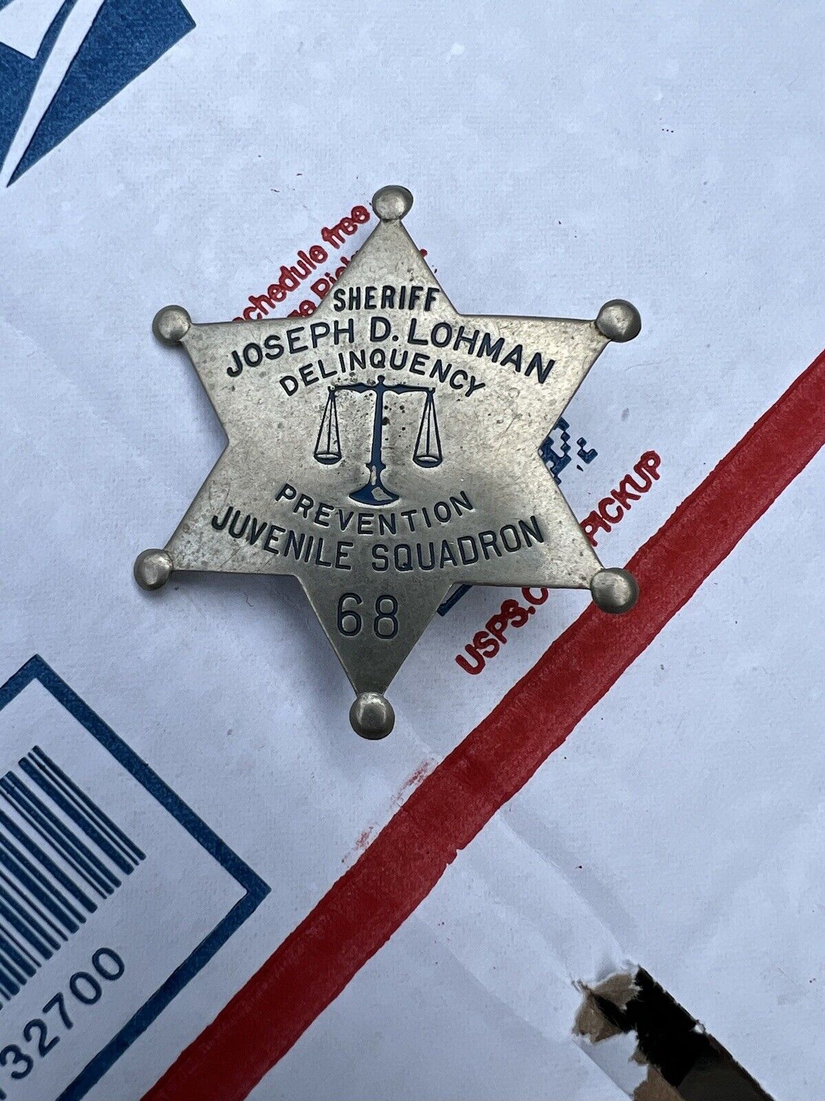 Vintage obsolete Sheriff Joseph D Lohman Delinquency Prevention Star Badge