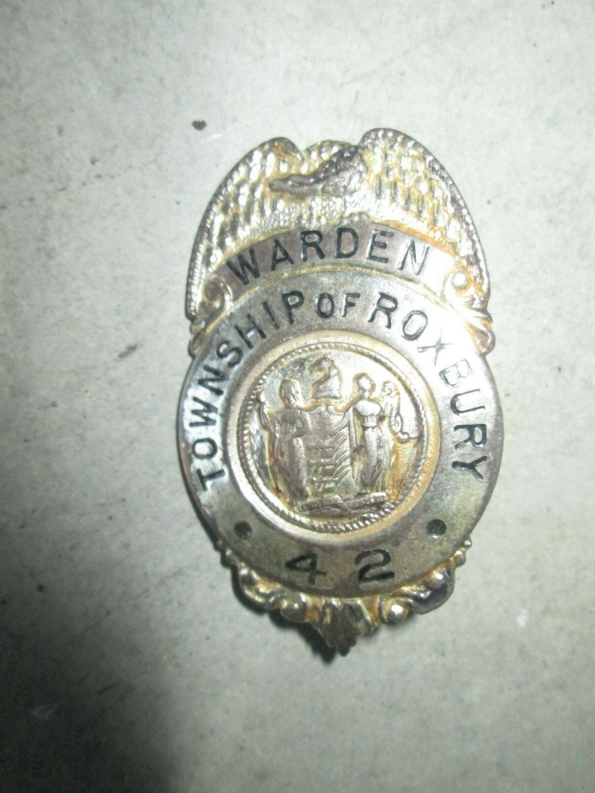 OBSOLETE Antique Township of Roxbury Warden Badge c.1910 w LOW #42 EXCELLENT