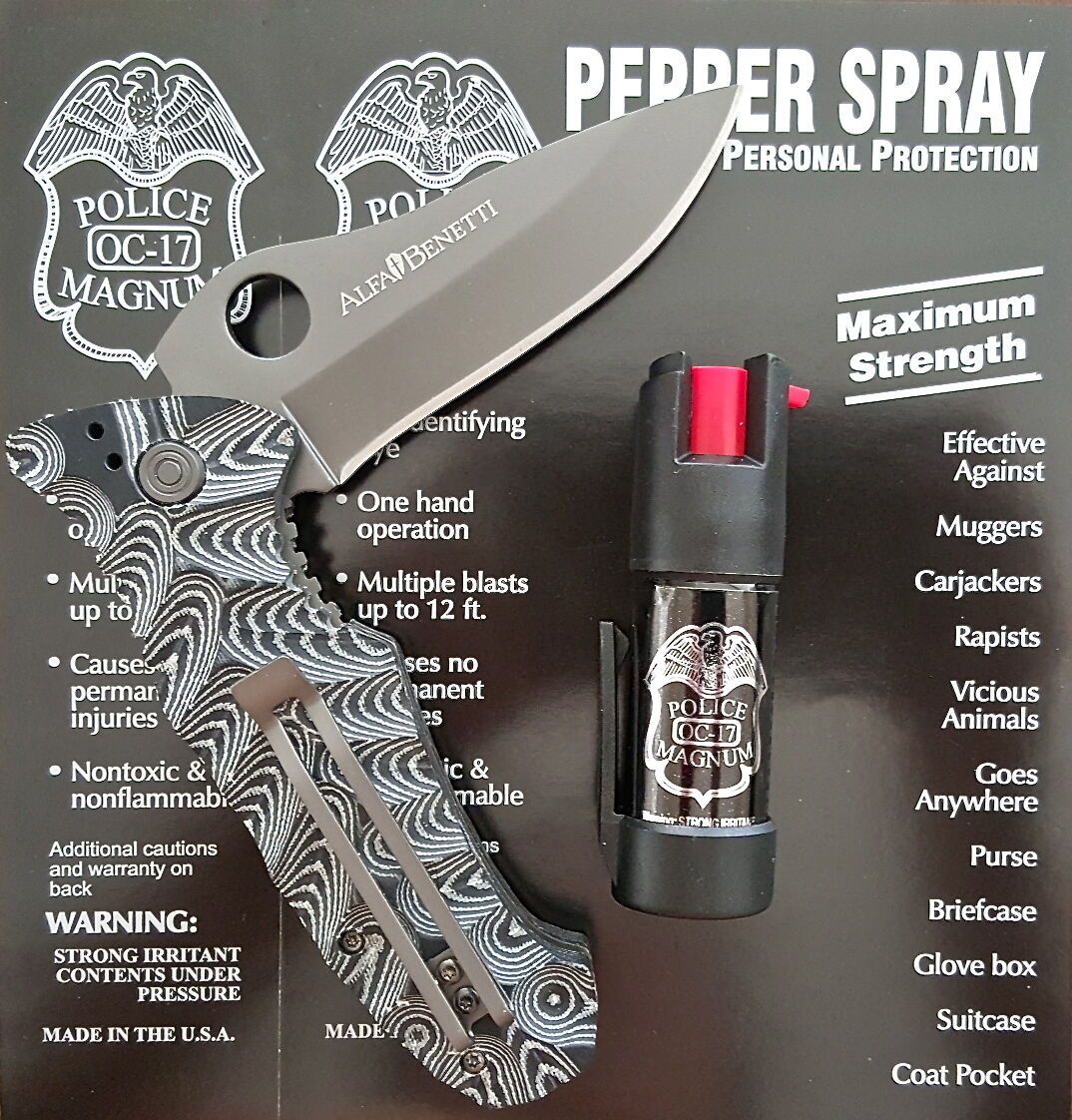 Police Magnum 1/2oz pepper spray bottom clip Alfa Benetti tactical folder knife