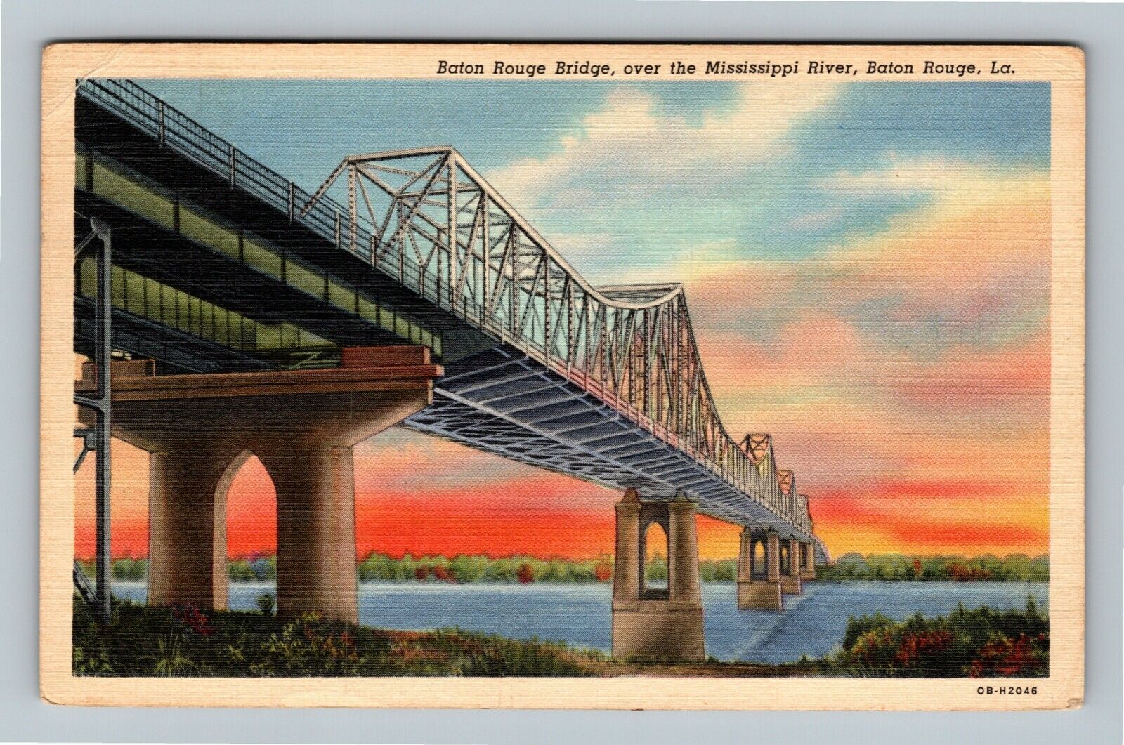 Baton Rouge LA, Baton Rouge Bridge, Mississippi River, Linen Louisiana Postcard