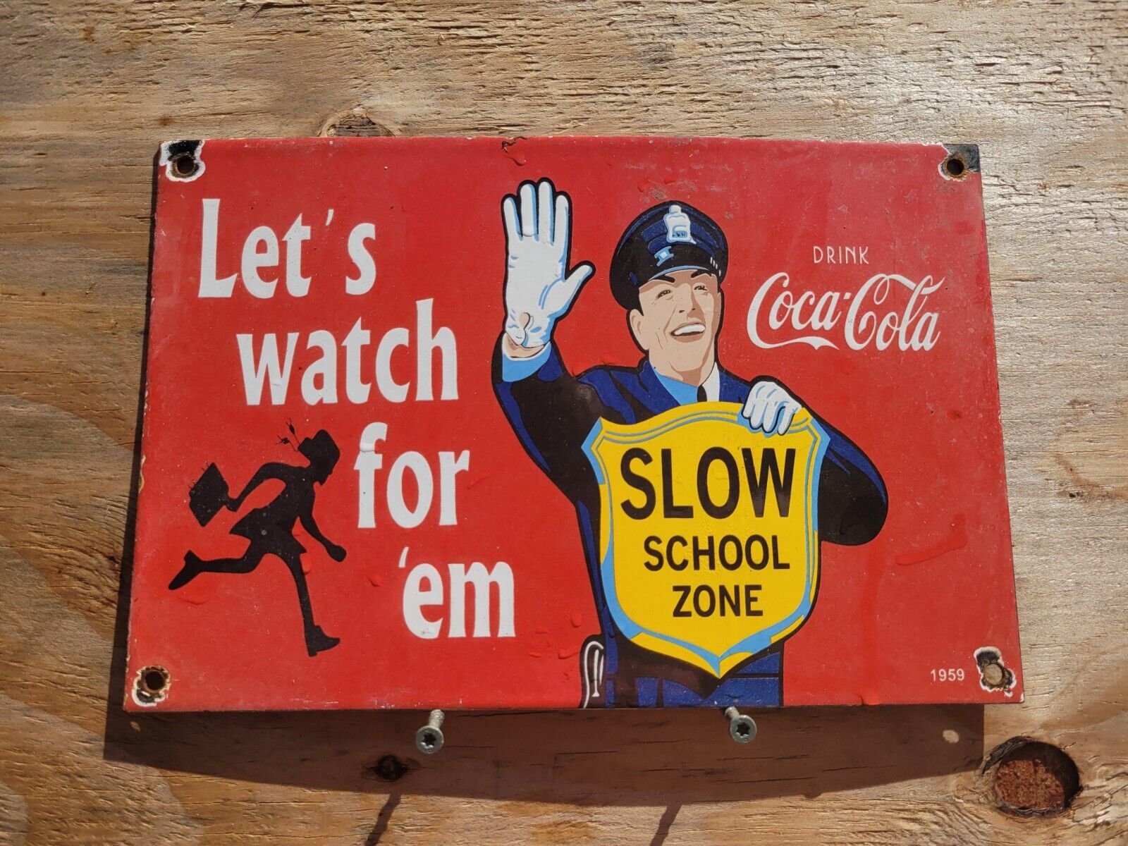 VINTAGE 1959 COCA COLA PORCELAIN SIGN POLICE SCHOOL GUARD COKE SODA BEVERAGE 