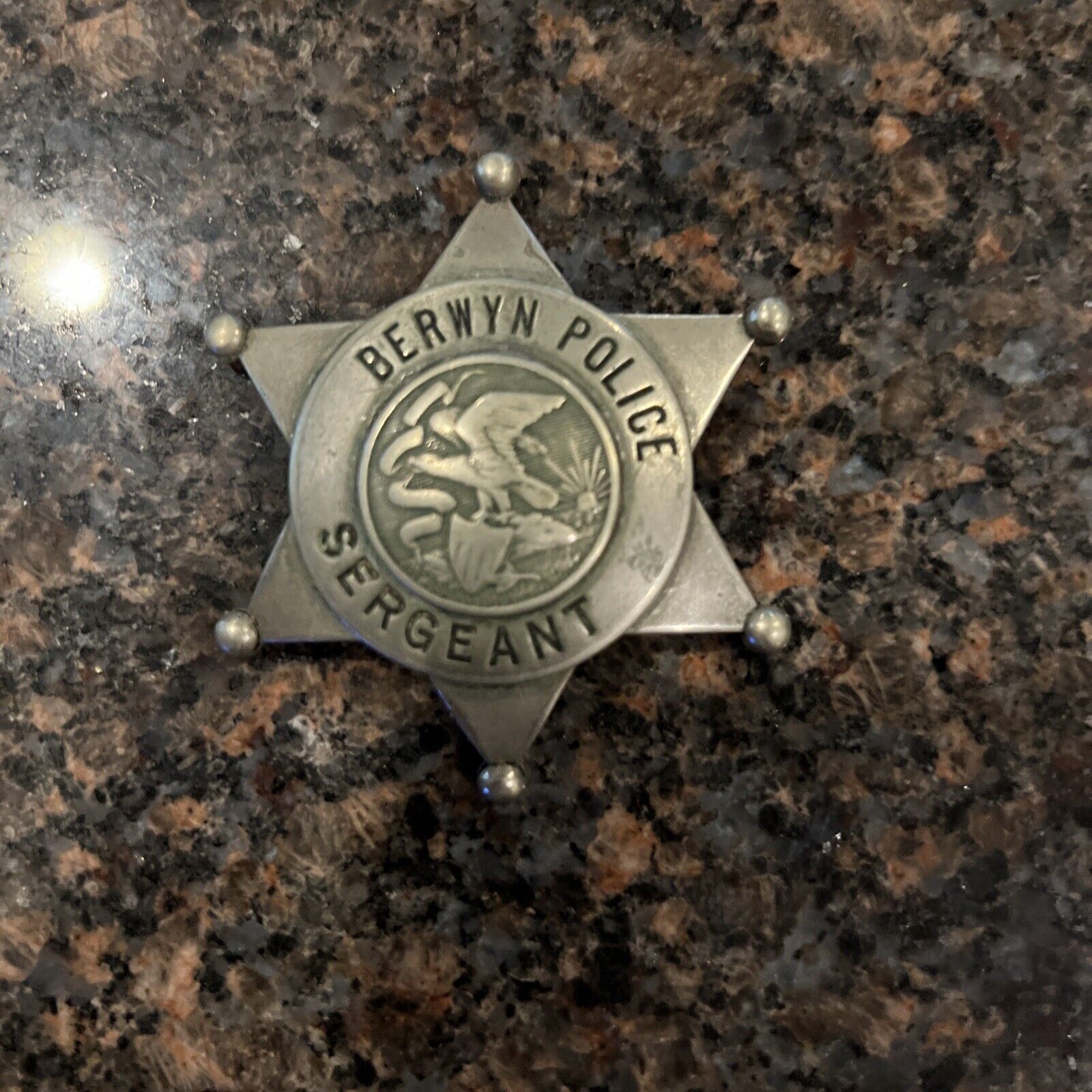 Obsolete Berwyn Sergeant  Police Badge CH Hanson Chicago 6 Point 1920-30’s