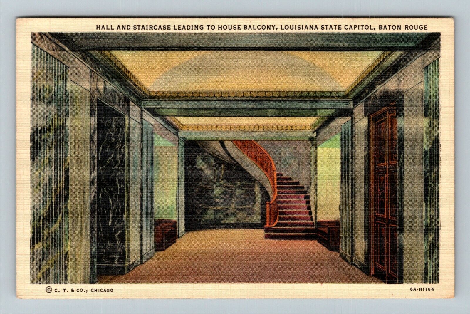 Baton Rouge LA-Louisiana, Hall & Staircase, State Capitol, Linen Postcard