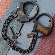 Handcuffs,2Alcatraz Prison Handcuffs Iron Adjustable Cuffs with Chain Antique picture