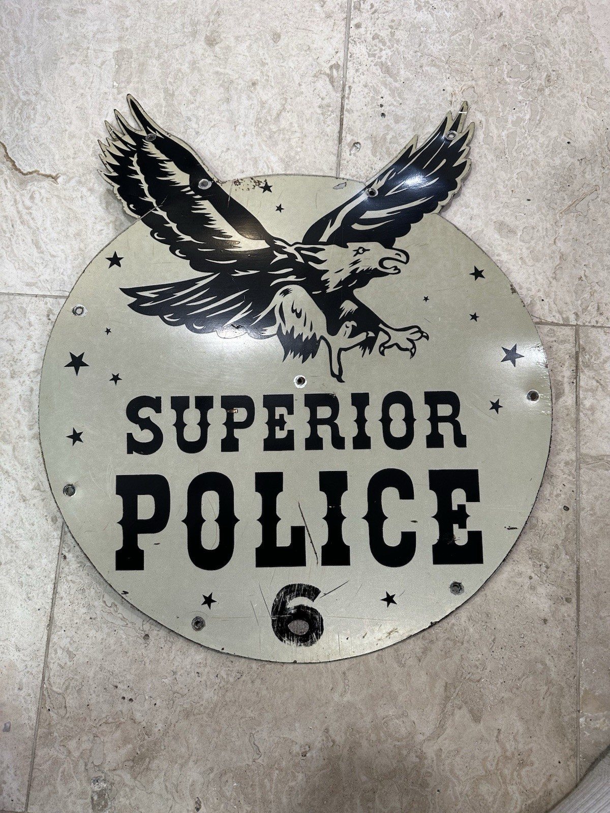 Vintage SUPERIOR POLICE CAR Tin Sign Original Rare Eagle Painted Aluminum
