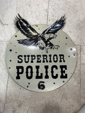 Vintage SUPERIOR POLICE CAR Tin Sign Original Rare Eagle Painted Aluminum picture
