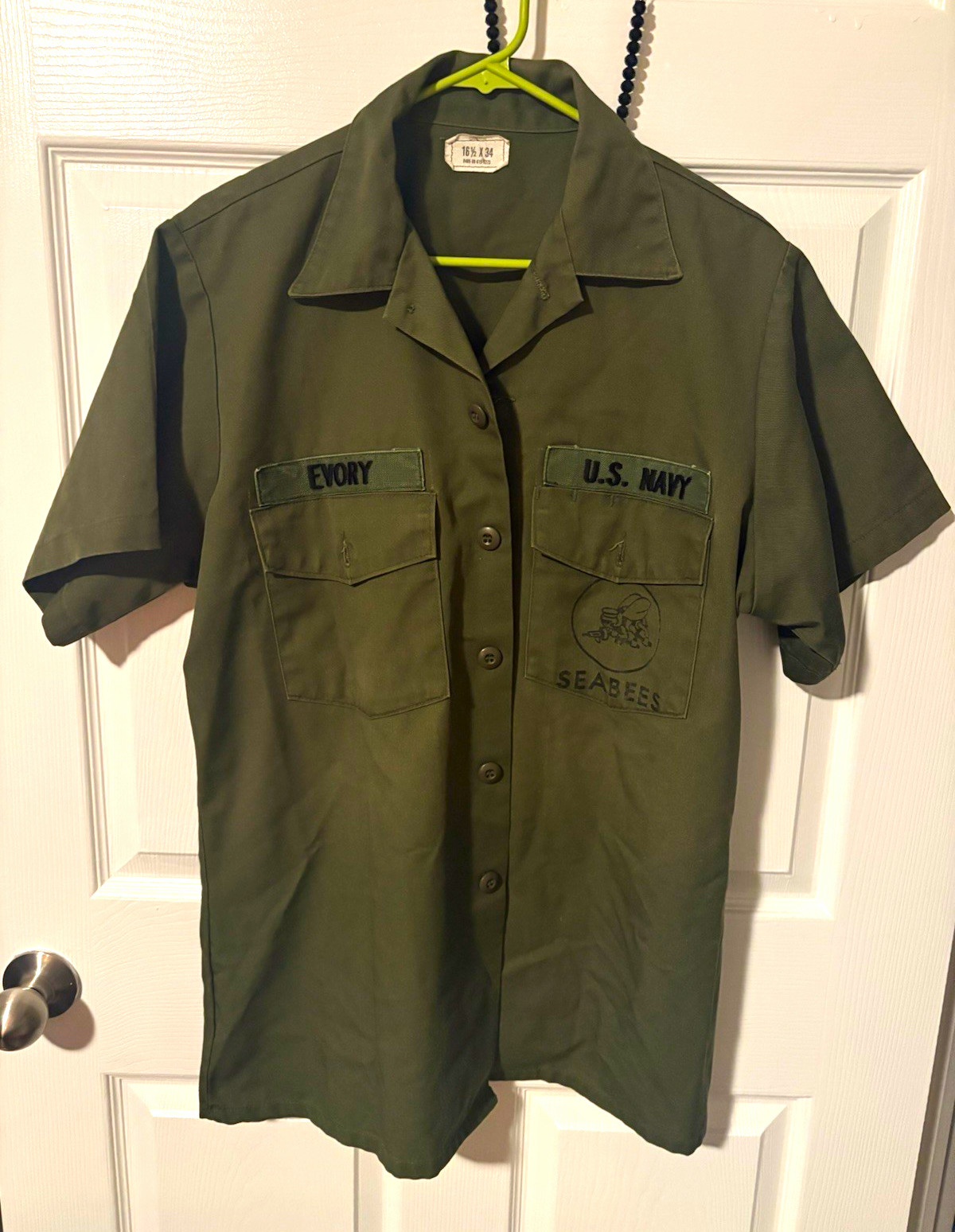U.S. Navy Seabees Olive Green Uniform Shirt Name Tape EVORY 16 1/2x34 U.S. Navy Seabees Olive Green Uniform Shirt Name Tape EVORY 16 1/2x34