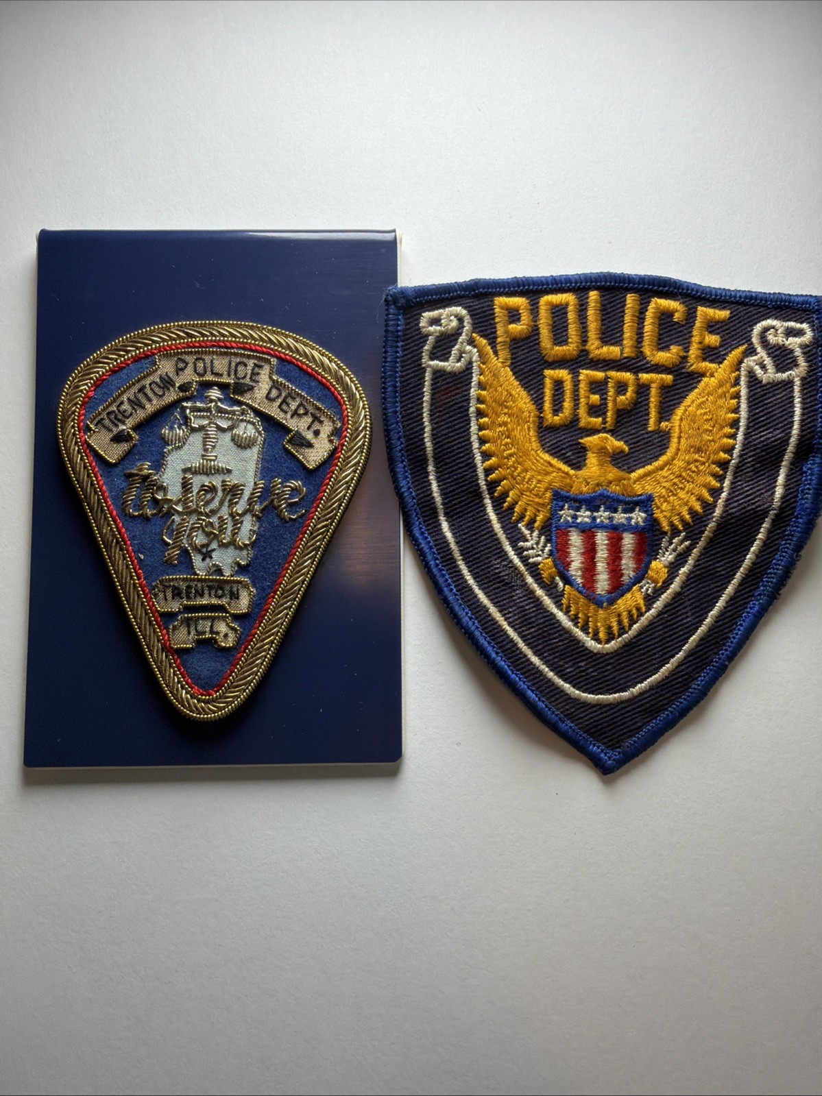 Vtg Obsolete TRENTON ILLINOIS IL Police Patch Lot MFR Label Commercial Emblem Co