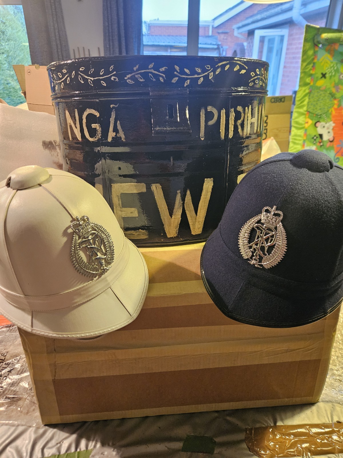 Vintage 2 X New Zealand Police Helmets And Metal  Storage Box